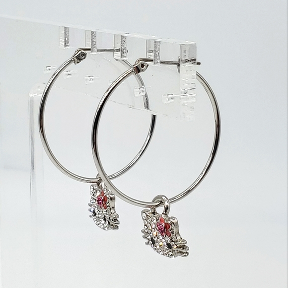 SOLD Hello Kitty Licensed Sanrio Rhinestone Silver Hoop Earrings Anime Barbie - Picture 3 of 6